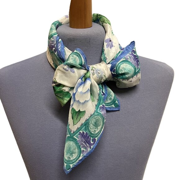 Worthington Silk Square Bandana Scarf Blue Butterfly & Floral Vintage Hair Neck - Picture 4 of 7
